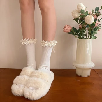 1 Пара женских носков с рюшами, женские носки до щиколоток с кружевным верхом, хлопковые носки с оборками и бабочками, носки в стиле принцессы, носки для платья