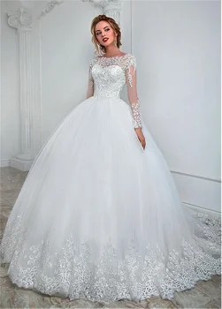 2021 Новые свадебные платья из тюля с кружевными аппликациями и круглым вырезом, бальное платье с длинными рукавами, свадебные платья vestido de noiva