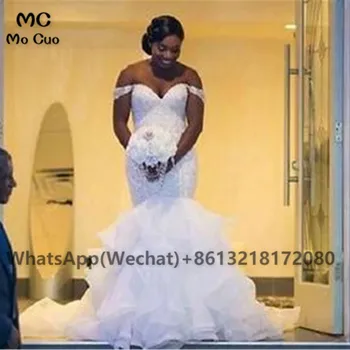 2021 Плюс Размер Свадебные платья Русалки Кружевные аппликации с открытыми плечами Черные Женские свадебные платья Африканское свадебное платье для женщин