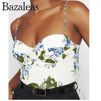 2023 bazaleas store Укороченный топ на бретелях с цветочным принтом, майки с цветочным принтом, Летний Корсет, Тонкие майки, официальная женская одежда