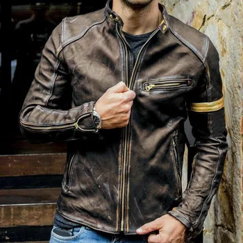 2023 Весенняя мотоциклетная кожаная куртка, мужские уличные модные куртки-бомберы, повседневное пальто со стоячим воротником, мужская байкерская верхняя одежда в стиле ретро из искусственной кожи 5Xl