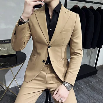 2023 Высококачественные новые мужские (костюм + брюки) деловой модный красивый трендовый костюм Британский повседневный однотонный комплект из двух частей