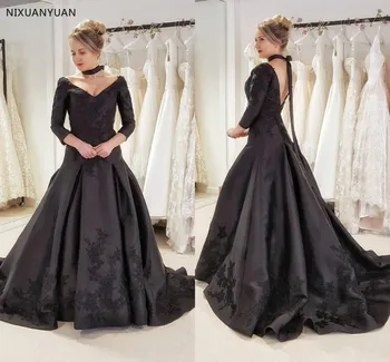 2023 Готические Черные Красочные Свадебные платья с рукавами 3/4 и V-образным вырезом, винтажные атласные свадебные платья, свадебные платья Vestido De Novia