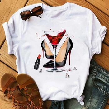 2023 Новая летняя женская футболка с принтом в виде кубка для красного вина, модный тренд, Женская одежда с круглым вырезом, короткий рукав, белый топ