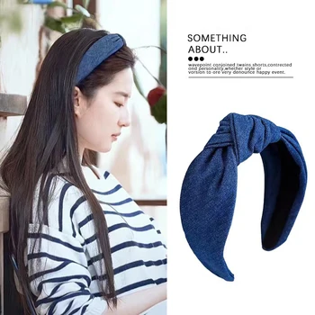 2023 Новая ткань, однотонные Широкие ленты для волос, Винтажный синий эластичный обруч для волос для женщин, модные аксессуары для волос для девочек в Корее