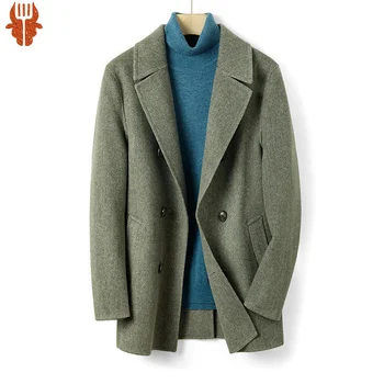 2023 Роскошный 100% шерстяной двусторонний зеленый кофейный свободный костюм, повседневное мужское пальто для отца, Двубортное пальто