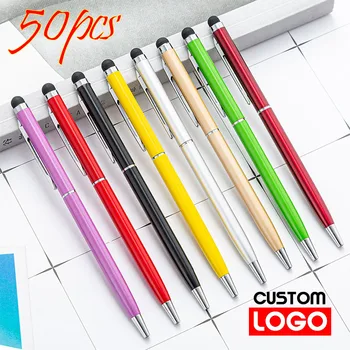 50 упаковок 13-цветного мини-металлического стилуса 2-в-1, универсальной шариковой ручки с гравировкой текста, пользовательского логотипа, офисной школьной рекламной ручки