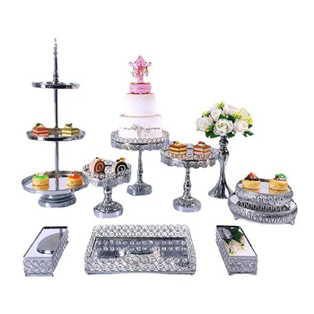 7 шт.-10 шт. / лот Серебряная подставка для торта, набор металлических зеркальных подставок для торта, подставка для торта с хрустальными подвесками и бусинами для кексов