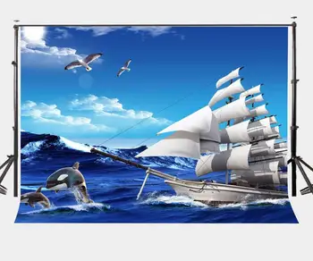 7x5 футов Абстрактный Фон Для Морской Живописи Парусный Корабль Чайки и Дельфины Фон Для Фотографии
