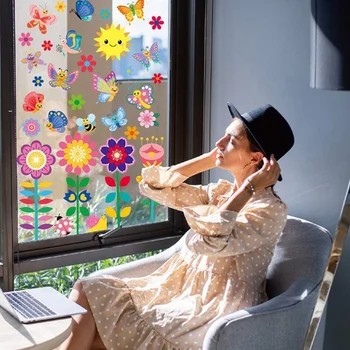 9 Весенних наклеек на окна, цветы и бабочки, украшение стеклянных дверей, Весенние электростатические наклейки на окна