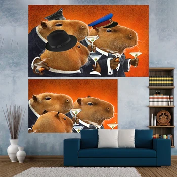 90 см x 150 см Картина Capybara Club Забавный Гобелен, Юмор, Настенный ковер, украшение гостиной, спальни