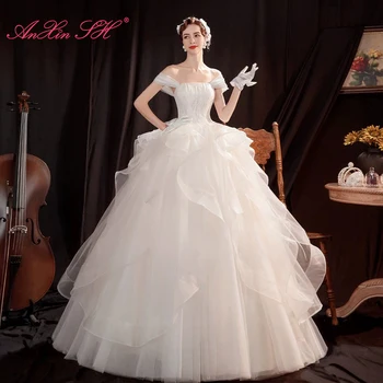 AnXin SH Европа белое кружево принцесса с оборками невеста вырез лодочкой расшитое бисером хрустальное бальное платье на шнуровке свадебное платье невесты 16011