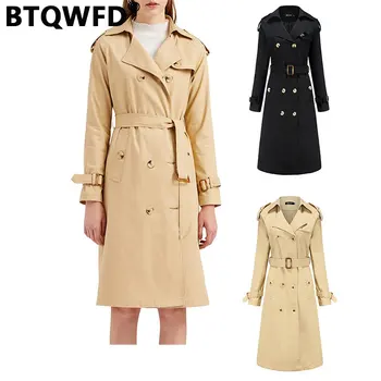 BTQWFD Женские куртки, тренч с длинным рукавом, ветровка с отложным воротником, Зимние осенние пальто, женская одежда, мода 2023, карман