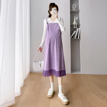 CARECODE, платья на подтяжках для беременных, весенне-осенняя модная одежда для беременных, женское повседневное Свободное фиолетовое длинное платье, комплект из 2 предметов
