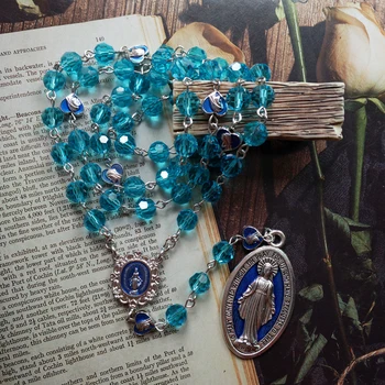 Cottvott Blue Чудесная медаль Девы Марии Цепочка из голубых стеклянных хрустальных бусин, Молитвенный венок, ожерелье с четками, религиозные украшения