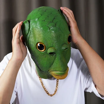 Cottvott Косплей Зеленоголовых Животных Латексный Головной Убор Хэллоуин Карнавальная Вечеринка Забавная Шляпа Зеленая Рыбья Голова Маска для лица Розыгрыши