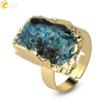 CSJA Регулируемое кольцо из натурального камня золотистой расцветки Неправильной формы с черным турмалином, синими хрустальными кольцами на палец для женщин, модные ювелирные изделия G337