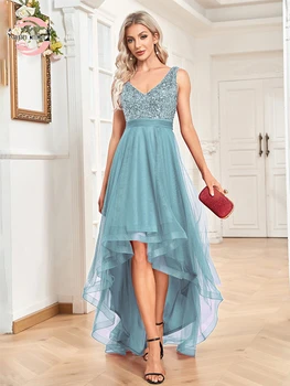 Fannonnaf, Нерегулярное Свадебное платье для гостей из тюля, синее элегантное вечернее платье без рукавов с блестками, Роскошное платье принцессы