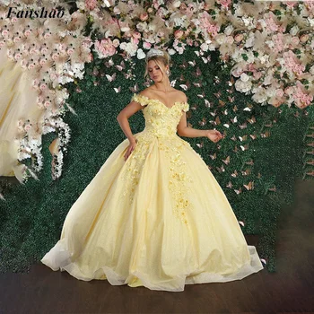 Fanshao wd214 Пышное платье с открытыми плечами и рукавами с 3D Аппликациями из тюля Princess Sweet 16 Бальное платье Vestidos De 15 Años
