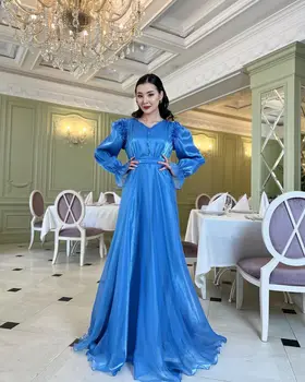 FDY Store Синие платья для выпускного вечера с длинными рукавами, V-образный вырез, длина до пола, Дубайские женские вечерние платья из Саудовской Аравии, платье для свадебной вечеринки