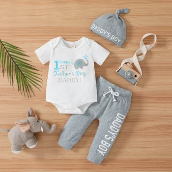 FOCUSNORM 0-18 м, комплекты одежды на День отца для новорожденного мальчика, 3 шт., комбинезон с буквенным принтом с коротким рукавом + Брюки + Шляпа
