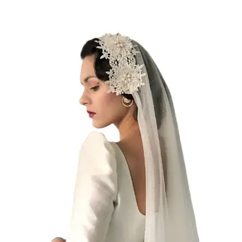G6DF 2-уровневая винтажная женская свадебная фата с цветочной кружевной аппликацией, имитацией жемчуга и горного хрусталя, свадебная фата в виде цветка аллигатора