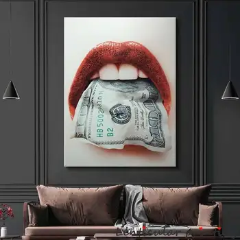 HD Абстрактный плакат с красным ртом и деньгами, мотивационная картина маслом на холсте, декор стен в гостиной