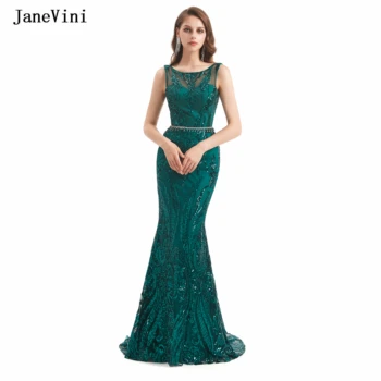 JaneVini, Блестящие Зеленые вечерние платья-русалки из Дубая с блестками для женщин 2022, круглый вырез, расшитый бисером, без спинки, сексуальные вечерние платья для вечеринок