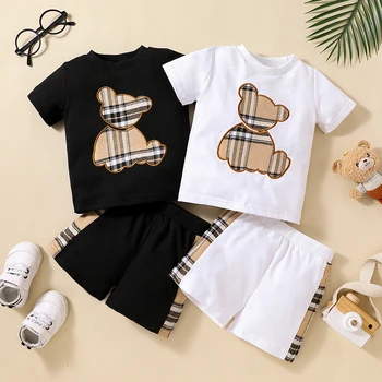 PatPat, комплект из 2 предметов, футболка с рисунком мишки в клетку для мальчика и шорт с коротким рукавом
