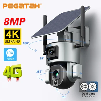 PEGATAH 8MP 4G Wifi Солнечная Камера Беспроводная 4K Двойная Линза 4X 10X Солнечная Панель Обнаружение Человека PTZ Наружные ip-Камеры Видеонаблюдения