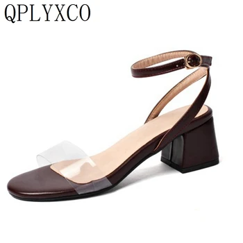 QPLYXCO, Размеры 31-44, 2019 г., Женские босоножки, Обувь В простом стиле, ПВХ, Прозрачные Босоножки с ремешками и пряжкой, Женская обувь на высоком каблуке A8