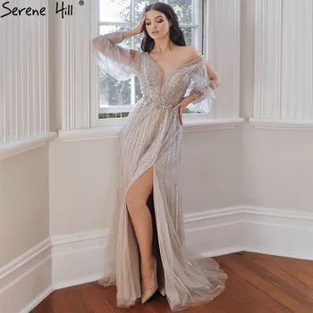 Serene Hill Brown Роскошное вечернее платье трапециевидной формы с рукавами-фонариками, расшитое бисером, 2023, Сексуальное женское вечернее платье с V-образным вырезом CLA71238