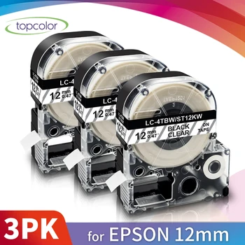 Topcolor 3PK Черный на Прозрачной 12 мм Этикеточной ленте, Совместимый с принтером Этикеток Epson Kingjim Labeller ST12KW LK-4TBN 1/2 