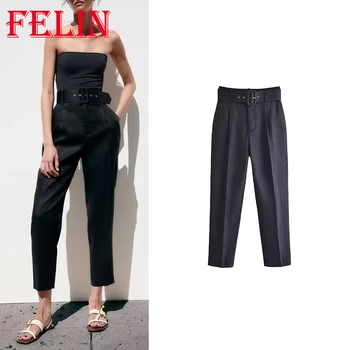TRAF 2023 Летние Офисные женские брюки на молнии с высокой талией, Сплошные карманы, Прямые брюки с длинным поясом, Модные повседневные Черные брюки