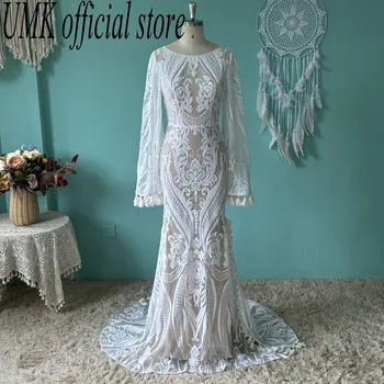 UMK Уникальное кружевное свадебное платье в стиле Бохо с блестками, винтажные свадебные платья с расклешенными рукавами и кисточками, пляжные платья в богемном стиле