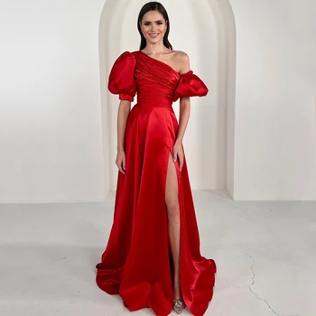 UZN Элегантное красное платье для выпускного вечера трапециевидной формы, атласное вечернее платье на одно плечо, длина до пола с разрезом, свадебное платье из Саудовской Аравии, индивидуальный размер