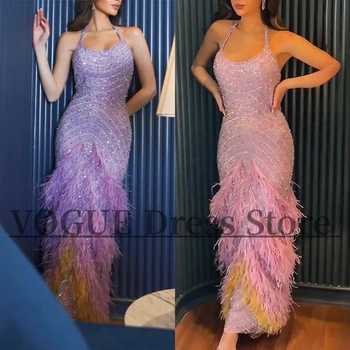 VD Роскошные вечерние платья русалки из тюля для женщин, вечерние платья с перьями и кристаллами, праздничное платье на тонких бретельках, vestidos de gala