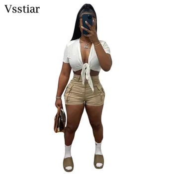 Vsstiar, новые летние повседневные женские шорты-карго с карманами на высокой талии, Короткие брюки, модная уличная одежда, Однотонные шорты Женские Оптом