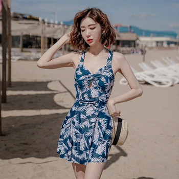 Wisuwore Южнокорейские купальники Женские, облегающие живот, цельнокроеное платье, консервативные купальники с открытой спиной с принтом на плоском углу