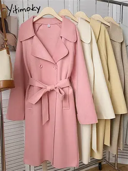 Yitimoky/ шерстяные длинные пальто для женщин, осень-Зима 2022, новая корейская модная верхняя одежда, офисные женские элегантные костюмы оверсайз, комбинированные модели