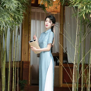 Yourqipao Summer 2023 Длинное Светло-Голубое Улучшенное Двухслойное Элегантное Платье Ципао Ao Dai Daily Qipao в Китайском Стиле для Женщин Улучшенного качества