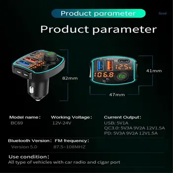 Автомобильный Bluetooth-совместимый FM-передатчик 5.0, музыкальный Mp3-плеер с одним басом, большой микрофон, быстрое зарядное устройство USB QC3.0 PD18W