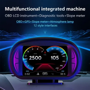 Автомобильный HUD с двойной системой OBD2 GPS, головной дисплей Hud, цифровой спидометр с сигнализацией о превышении скорости, предупреждение о напряжении, предупреждение об усталости водителя