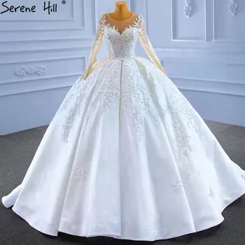 Безмятежный Холм Мусульманские Белые Атласные Свадебные Платья 2023 Вышитые Бисером Высококачественные Платья Невесты На Шнуровке HM67415 На заказ