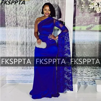 Блестящее вечернее платье Русалки королевского синего цвета для чернокожих женщин, длинная кружевная накидка на одно плечо длиной до пола, вечерние платья для свадебной вечеринки