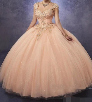 Блестящий сверкающий Розовый сердечко, расшитый бисером, кружевные аппликации, Вечернее платье для девочек, Великолепное бальное платье, пышные платья