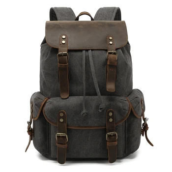 Большой винтажный рюкзак из парусины с кожаными рюкзаками для мужчин, дорожная / школьная сумка, 15,6-дюймовые рюкзаки для ноутбуков