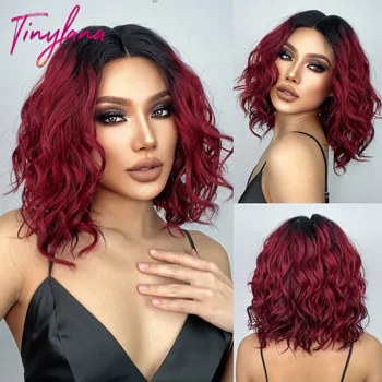 Бордово-красный синтетический кружевной парик с короткой вьющейся волной, натуральные прозрачные кружевные волосы спереди для женщин, афро-повседневные термостойкие парики