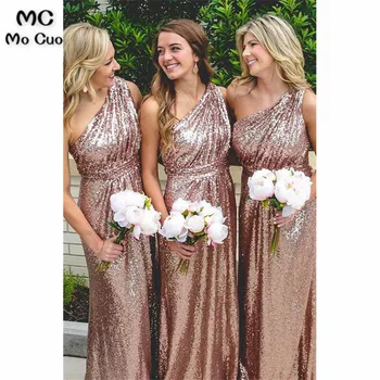В наличии 2019 свадебное платье на одно плечо, платья подружек невесты с блестками, длинное свадебное платье подружки невесты из розового золота