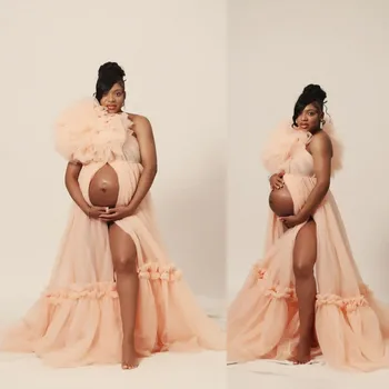 Великолепное длинное фатиновое платье для беременных для фотосессии, с оборками на одном плече, с разрезом спереди, платье для беременных со шлейфом для детского душа